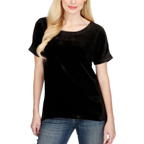 Lucky Brand Black Velvet 1/2 Zip Up Back Short Sleeve Top - Picture 12 of 13
